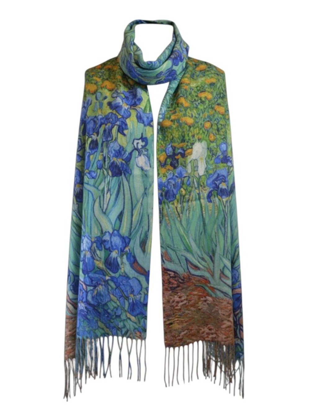 Van Gogh Irises Reversible Scarf Blue Green Fringe 100% Viscose 78x27 New